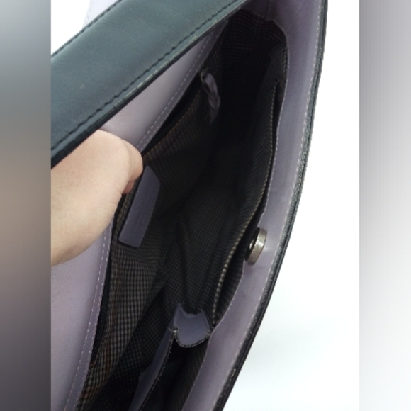 Franklin Covey Full Grain Leather Black Shoulder Bag Lavender Closure Gingham - Picture 13 of 16